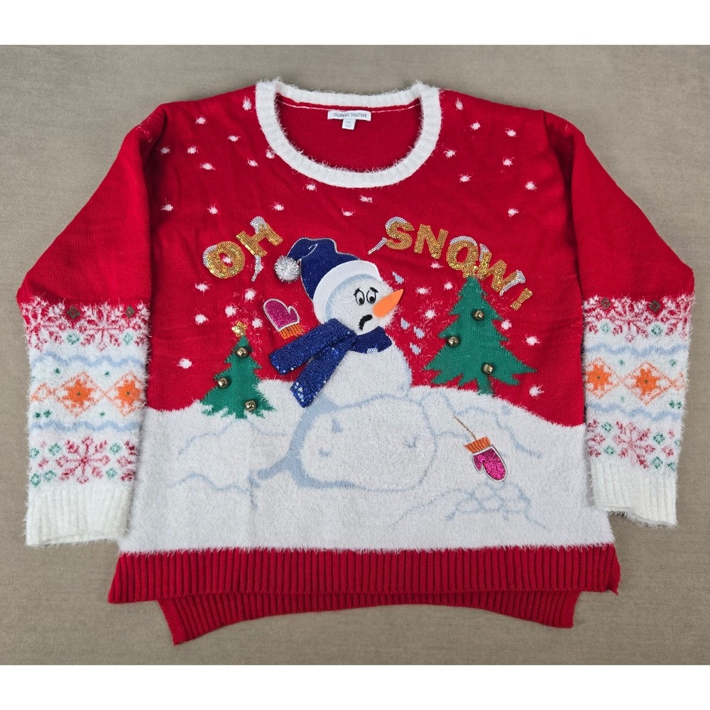 Celebrate Together Womens XXL Red Oh Snow Snowman Ugly Christmas Sweater Bells - Picture 1 of 8